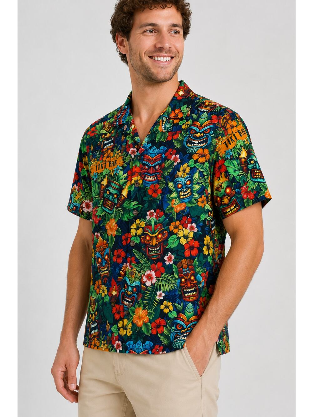 Yiume Hawaiian Tiki Bar Camp Collar Button Shirt Short Sleeve Mens Medium New